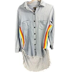 Kroix Womens Denim Shirt Dress Rainbow Stripe Distressed Frayed Size L
